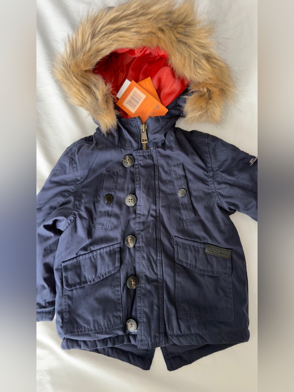 Ben Sherman Navy Hooded Puffer Coat with Faux Fur Trim 18m